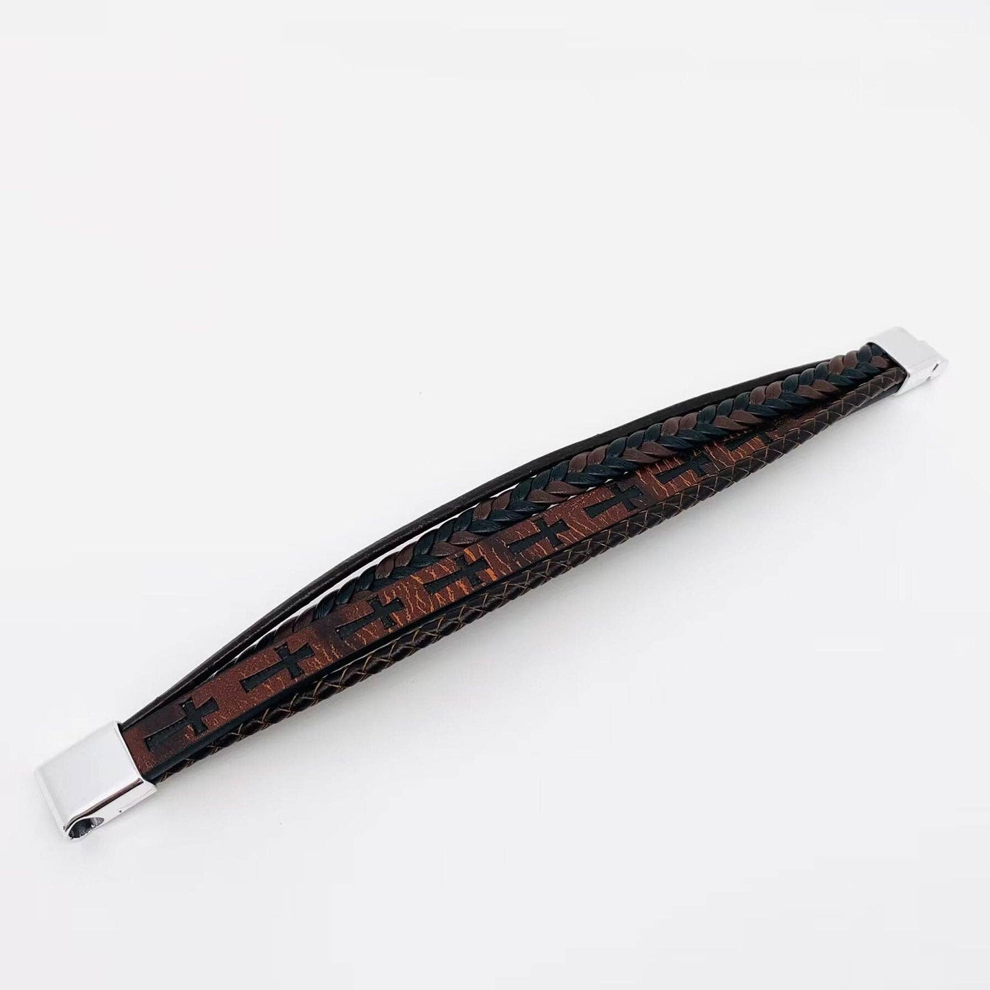 Handmade Leather Cross Men's Magnetic Buckle Bracelet -MJ/BC