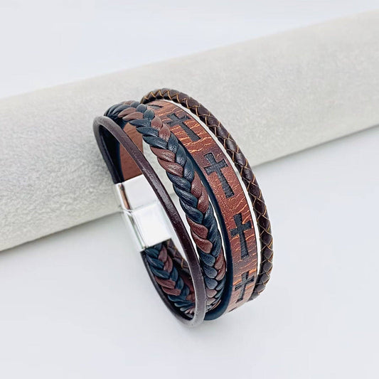 Handmade Leather Cross Men's Magnetic Buckle Bracelet -MJ/BC
